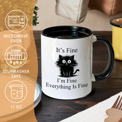 Foyoulame Black Cat Gifts Funny Coffee Mugs - Black Cat Mug, Funny Sarcastic Cats Coffee Teacup, Cat Lover Gifts for Women, I'm Fine Everything is Fine Ceramic CoffeeMug 11oz