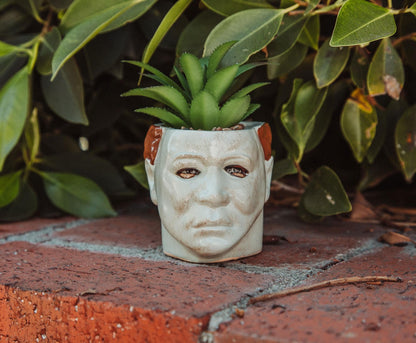 Toynk Halloween Michael Myers 3-Inch Ceramic Mini Planter with Artificial Succulent | Small Flower Pot, Faux Indoor Plant