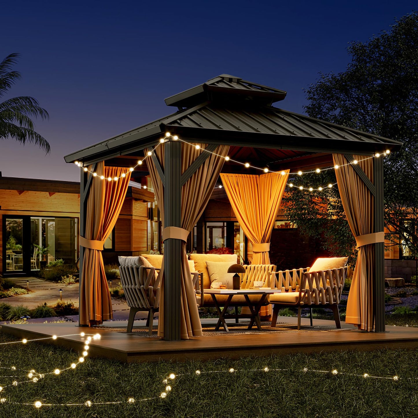 GarveeLife 10x10 ft Hardtop Gazebo, Aluminum Double Roof Gazebos with Netting and Curtains, Outdoor Permanent Gazebo for Garden, Patio, Backyard, Deck, Lawns (Brown, 10x10 ft)