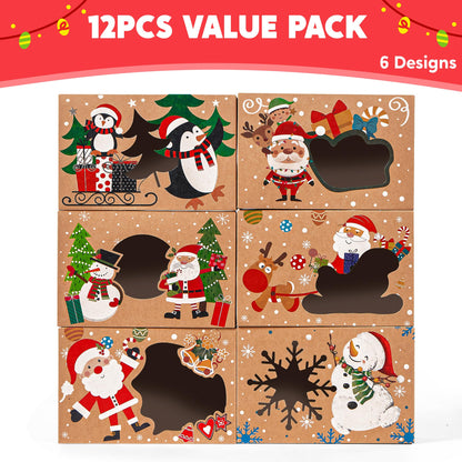 JOYIN 12PCS Christmas Cookie Boxes for Gift Giving, 8.75" x 5.75" x 2.75" Xmas Holiday Bakery Treat Boxes with Window, Kraft Cookie Tin Container Box for Baked Goods, Cupcake, Pastry, Candy, Doughnut