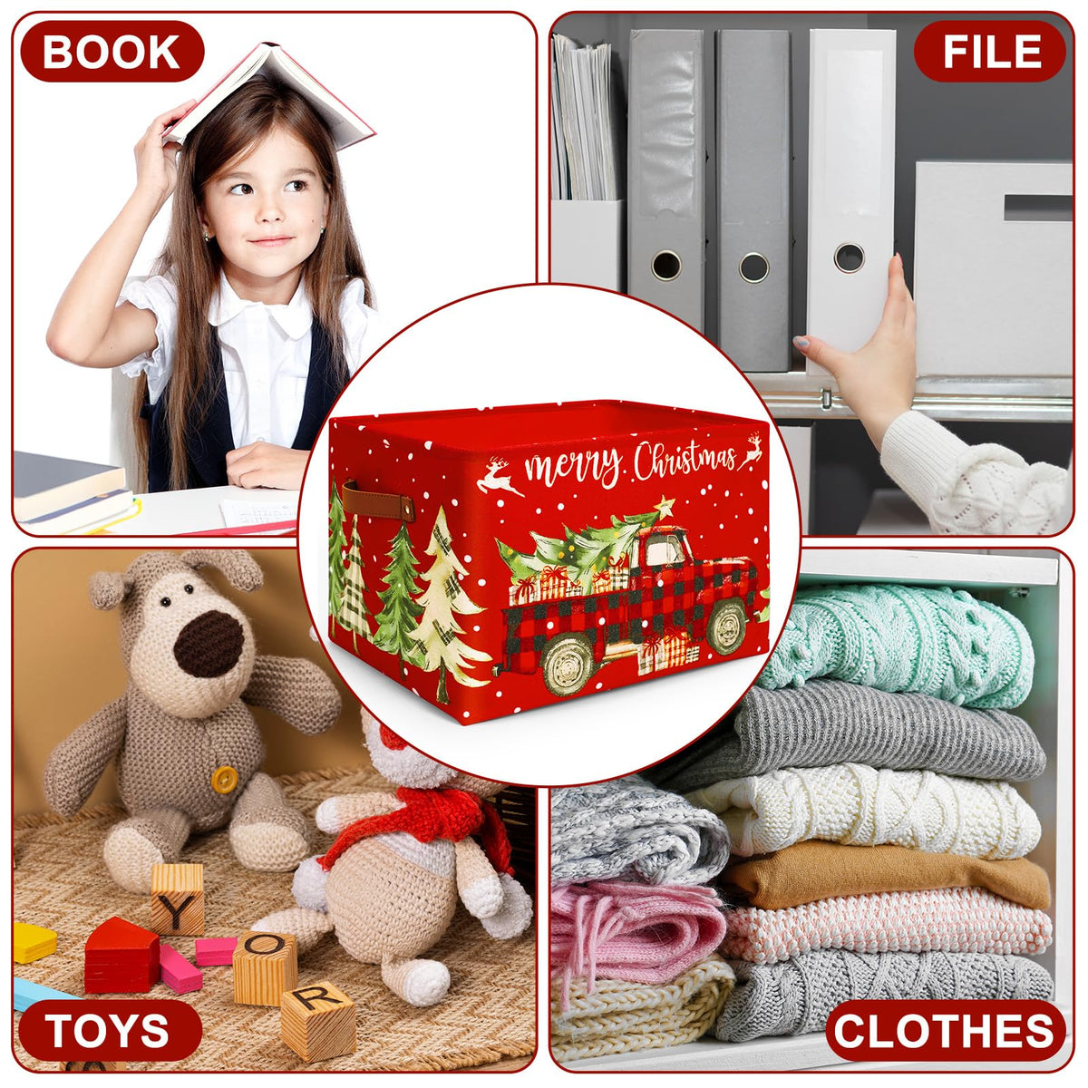 FYSUIMU Christmas Storage Basket with Handles Plaid Truck Xmas Tree Cube Storage Bin Foldable Fabric Container Organizer Box for Home Office Dorm Closet Shelf Toy