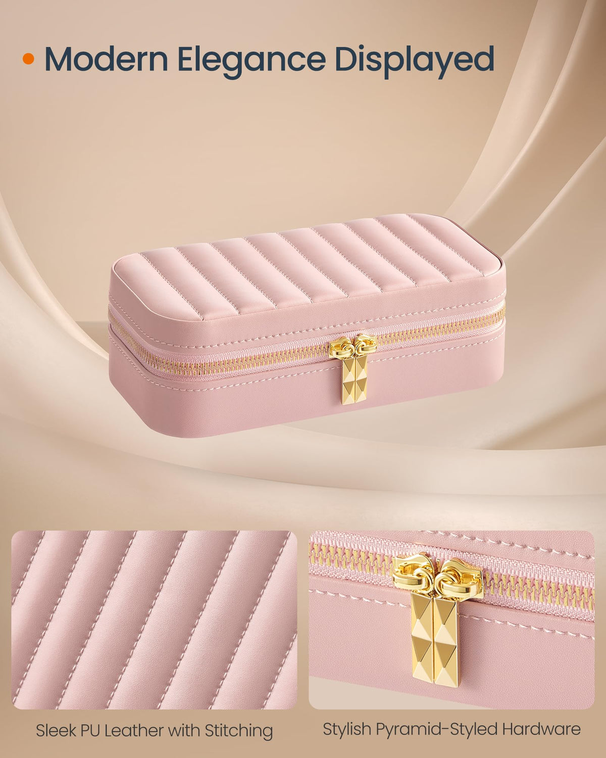 SONGMICS HOME Travel Jewelry Case, Travel Jewelry Box Organizer with Mirror, 4.1 x 8 x 2.4 Inches, Stitching, Portable, Gift Idea, Jelly Pink UJBC180S01