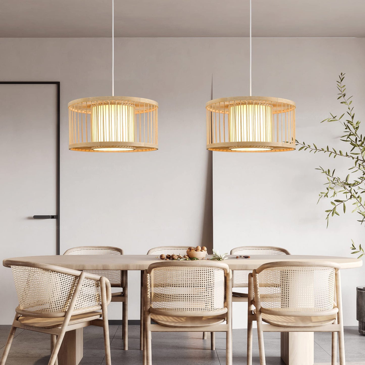 Karjearl Boho Rattan Pendant Lights, 15.8" Coastal Drum Wicker Hanging Light Japanese Country Light for Dining Room Kitchen Living Room Bedroom, 1-Light E26 Base