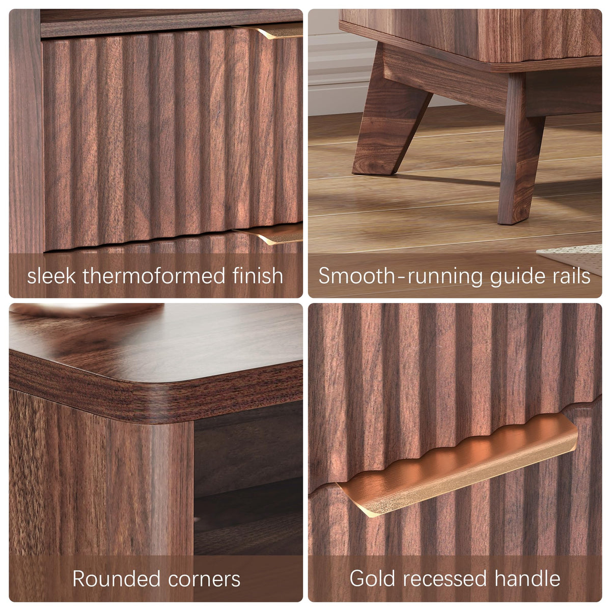 Baoz Walnut Fluted Nightstand with Charging Station & 2 Drawers for Bedroom