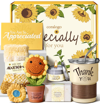 Coralogo Thank You Gift Basket for Women - 7pcs Teacher Appreciation Gifts, Thank You Gift Baskets for Teacher, Nurse, Employee, Coworker, Social Worker, Secretary with Crochet Sunflower