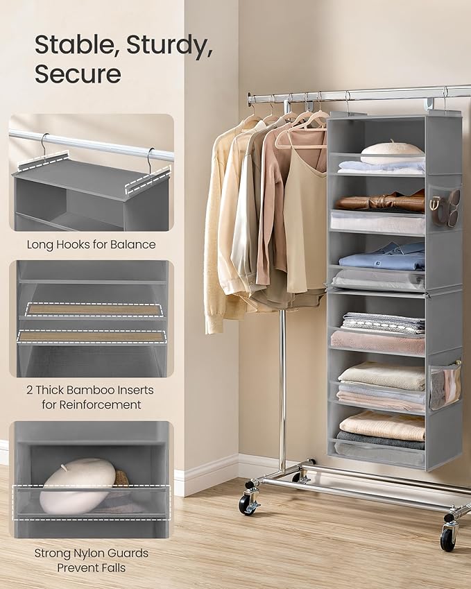 SONGMICS Hanging Closet Organizer, 6-Tier Fabric Storage Shelf, Separable