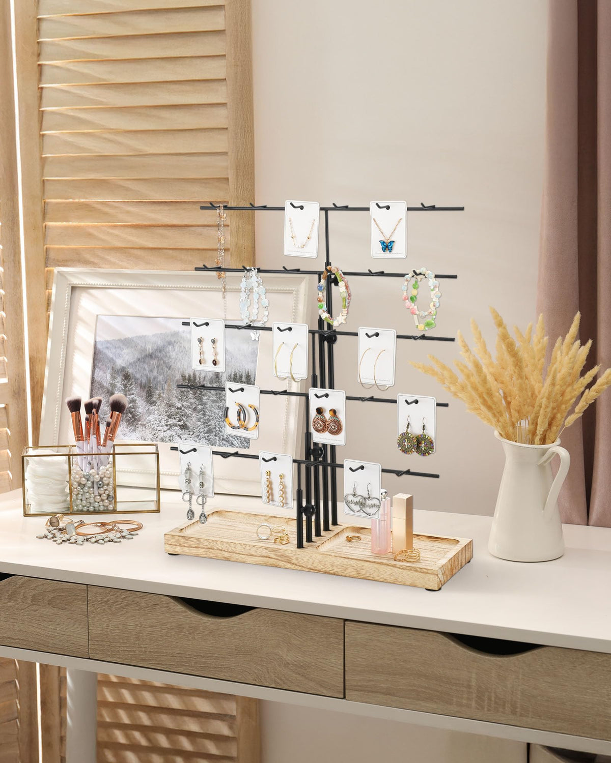 HULISEN Earring Display for Vendors, Adjustable Height Earring Display Stands for Selling, Jewelry Display for Earrings Card, Earrings Rack Display Holder with Tray, 30 Hooks, Carbonized Brown