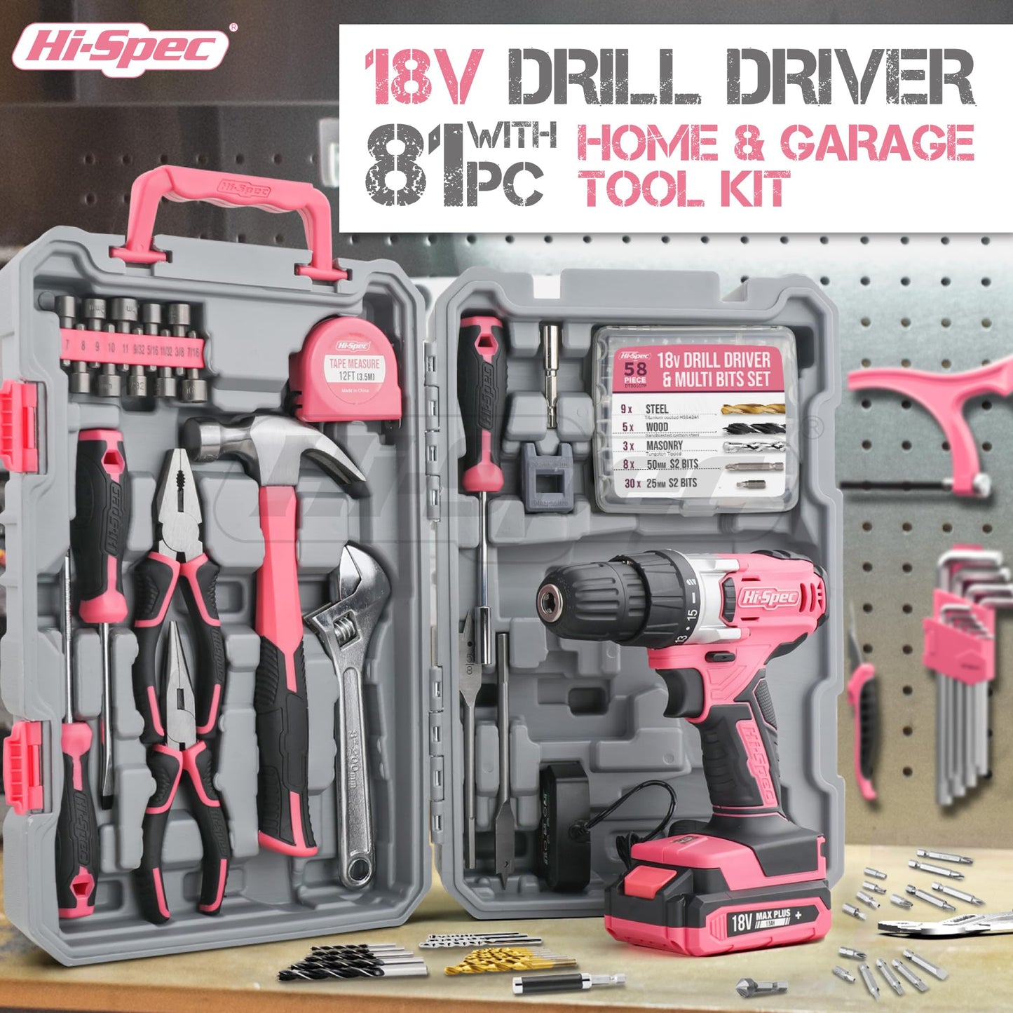 Hi-Spec 81pc Pink 18V Cordless Power Drill Driver Kit for DIY Projects