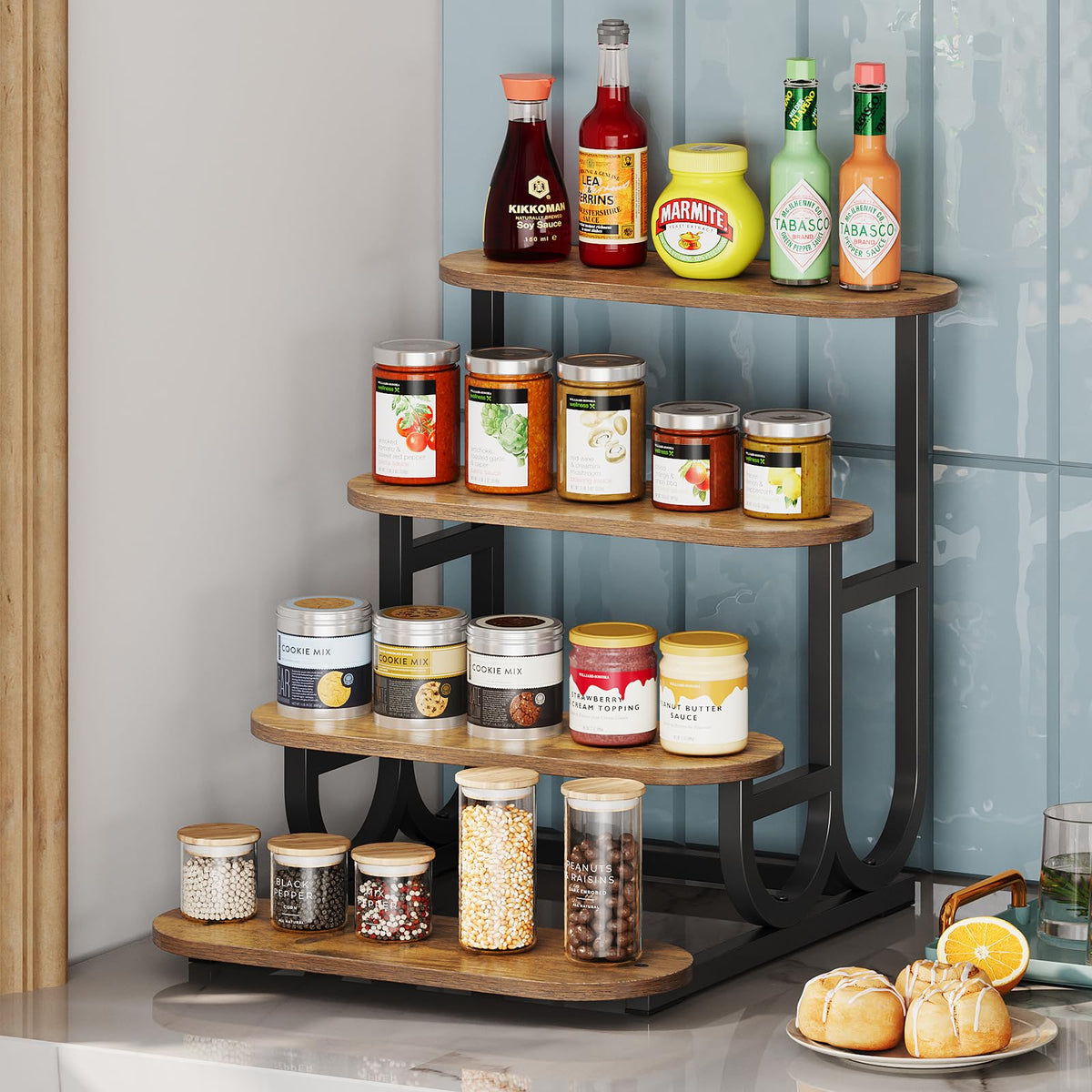 Trironsun Rustic Stepped Cupcake Stand for 50 Cupcakes 4-Tier Wooden Display Stand with Metal Frame Dessert Table Riser Shelf for Part, Bakery Farmers Market or Home Decor