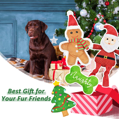 LECHONG Christmas Dog Toys, 4pcs Stuffed Dog Squeaky Toys for Teething and Chewing, Tough Xmas Gift Toy Bundle Santa Toys for Small Large Dogs Puppy