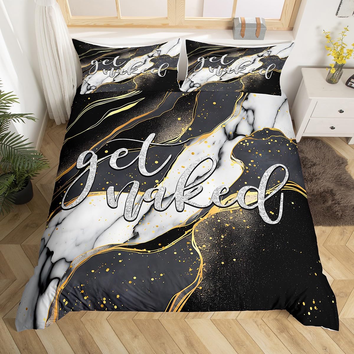Get Naked Bedding Duvet Cover Set Kids Marble Bedding Set Grey Black White Gold Comforter Cover Set for Boys Girls Women Men Bedroom Decor Funny Quote Modern Bed Set King Size 3Pcs (No Comforter)