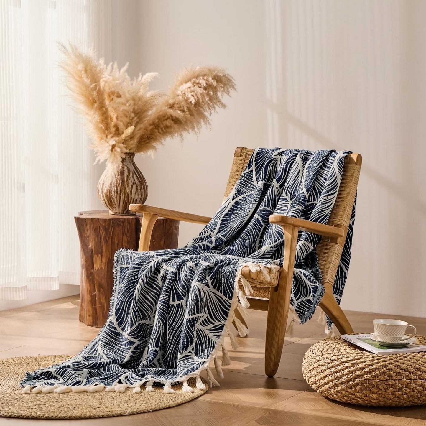 DOWN HOME Chenille Cotton Throw Blanket for Couch, Lightweight Boho Blanket for Bed Sofa Chair Living Room Outdoor Soft Woven Decorative Blanket with Tassel Gift Navy Leaves 55"x60"