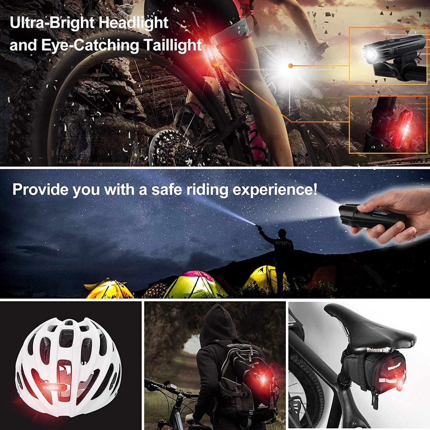 Ascher Ultra Bright USB Rechargeable Bike Light Set, Powerful Bicycle Front Headlight and Back Taillight, 4 Light Modes, Easy to Install for Men Women Kids Road Mountain Cycling Black