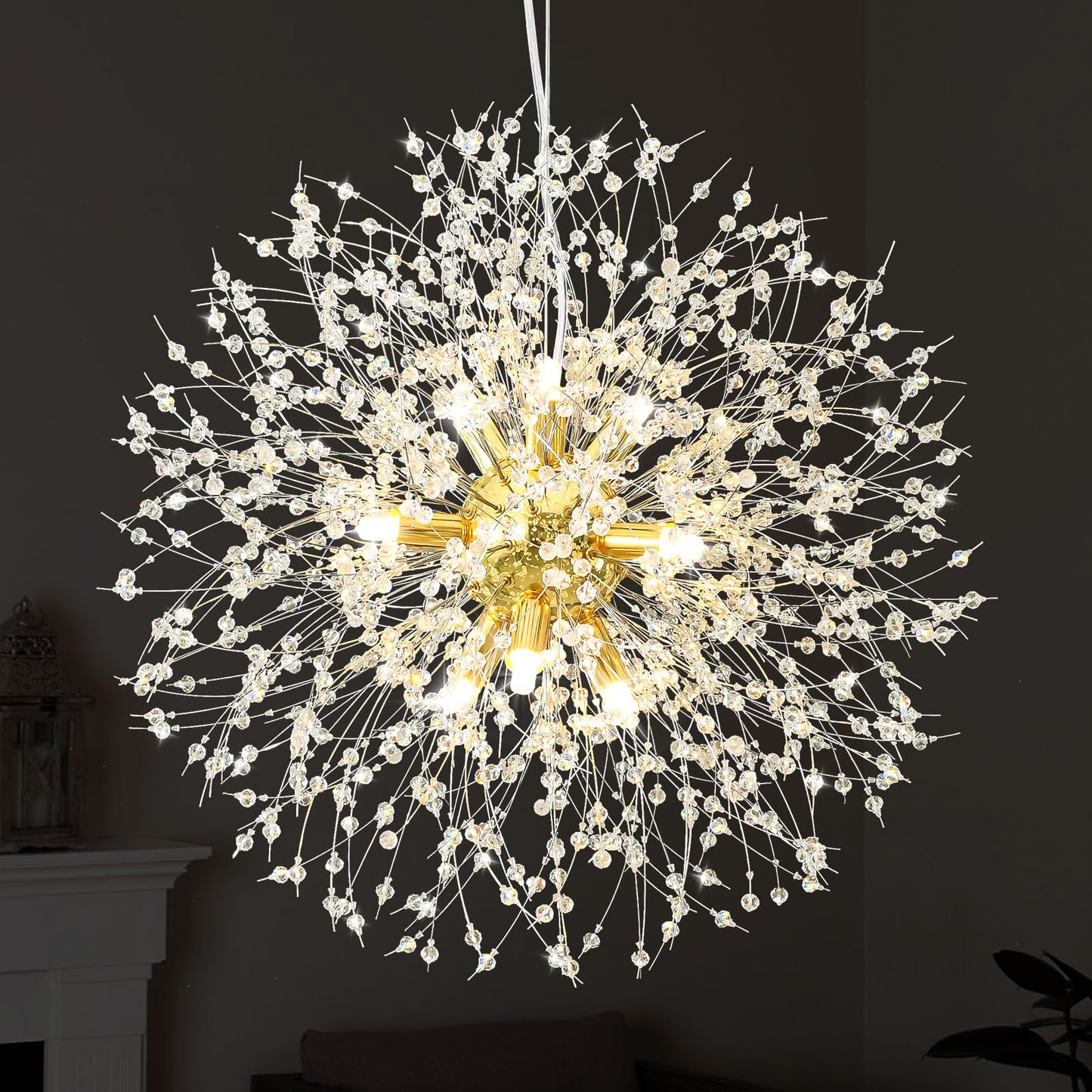 Qamra Modern Gold Crystal Chandeliers, Firework Dandelion Sputnik Chandelier Light Fixture Pendant Lighting for Dining Room, Bedroom, Kitchen, Living Room(9-Light, Gold)