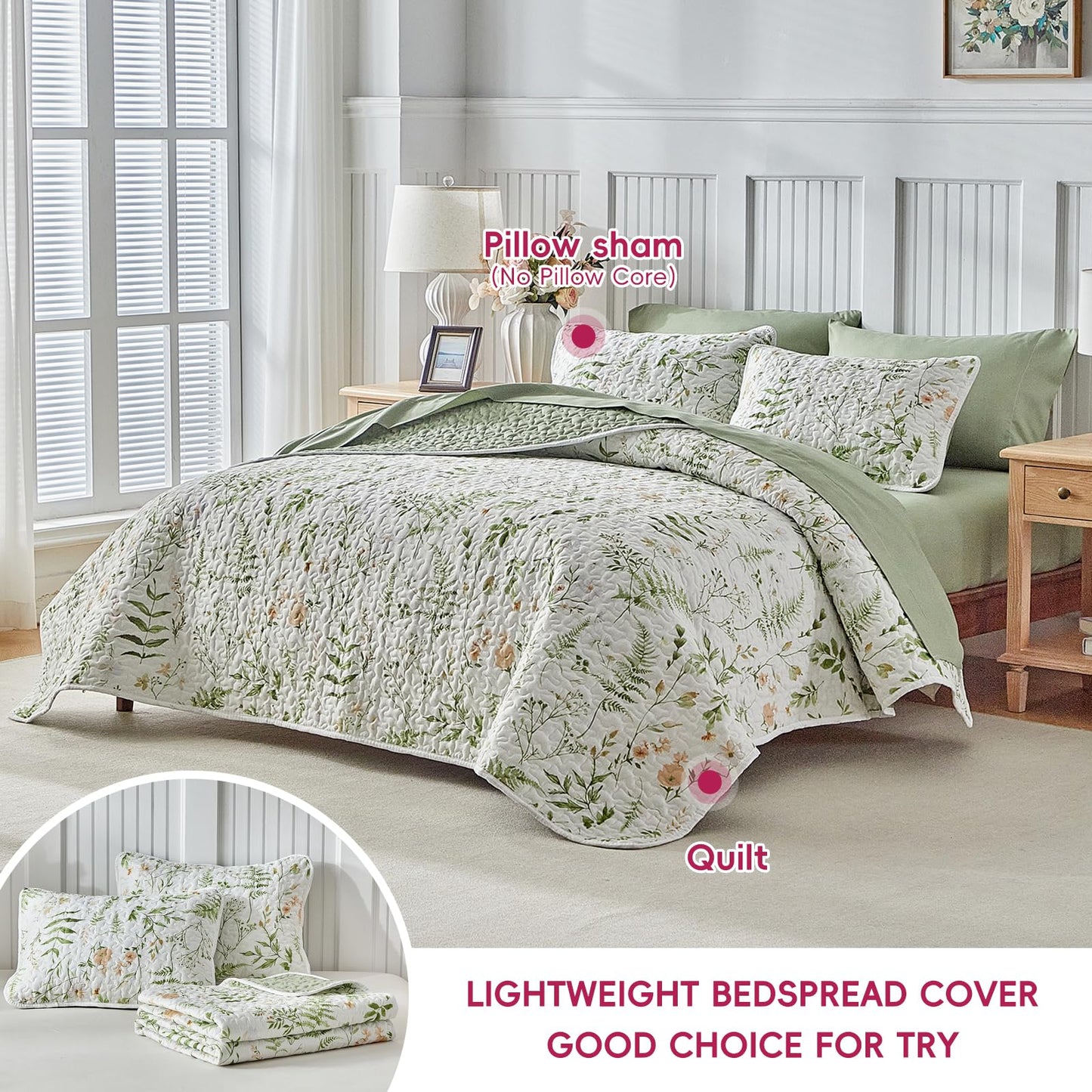 Floral Quilt Set 3 Piece Flower Quilt Sets Queen Size - Reversible Microfiber Quilt with 2 Shams Soft Breathable Botanical Bedding Spring Bedspread Coverlet Summer Comforter All Season Orange Green