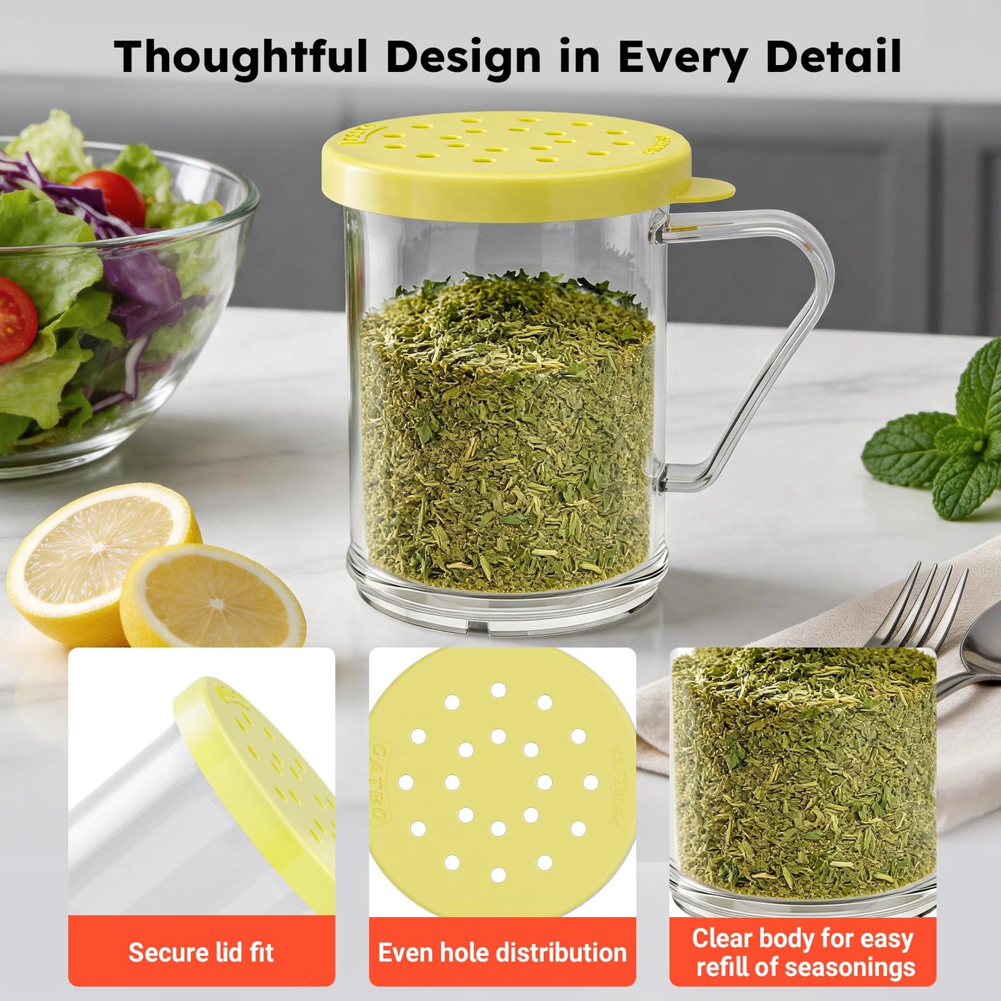 GATBO 4-Pack Plastic Dredge Shaker Set, 10 oz Clear Flour & Sugar Dispensers with Handles, Commercial Seasoning Shakers for Powder, Spices & Herbs, 4 Bodies & 4 Lids with Different Hole Sizes