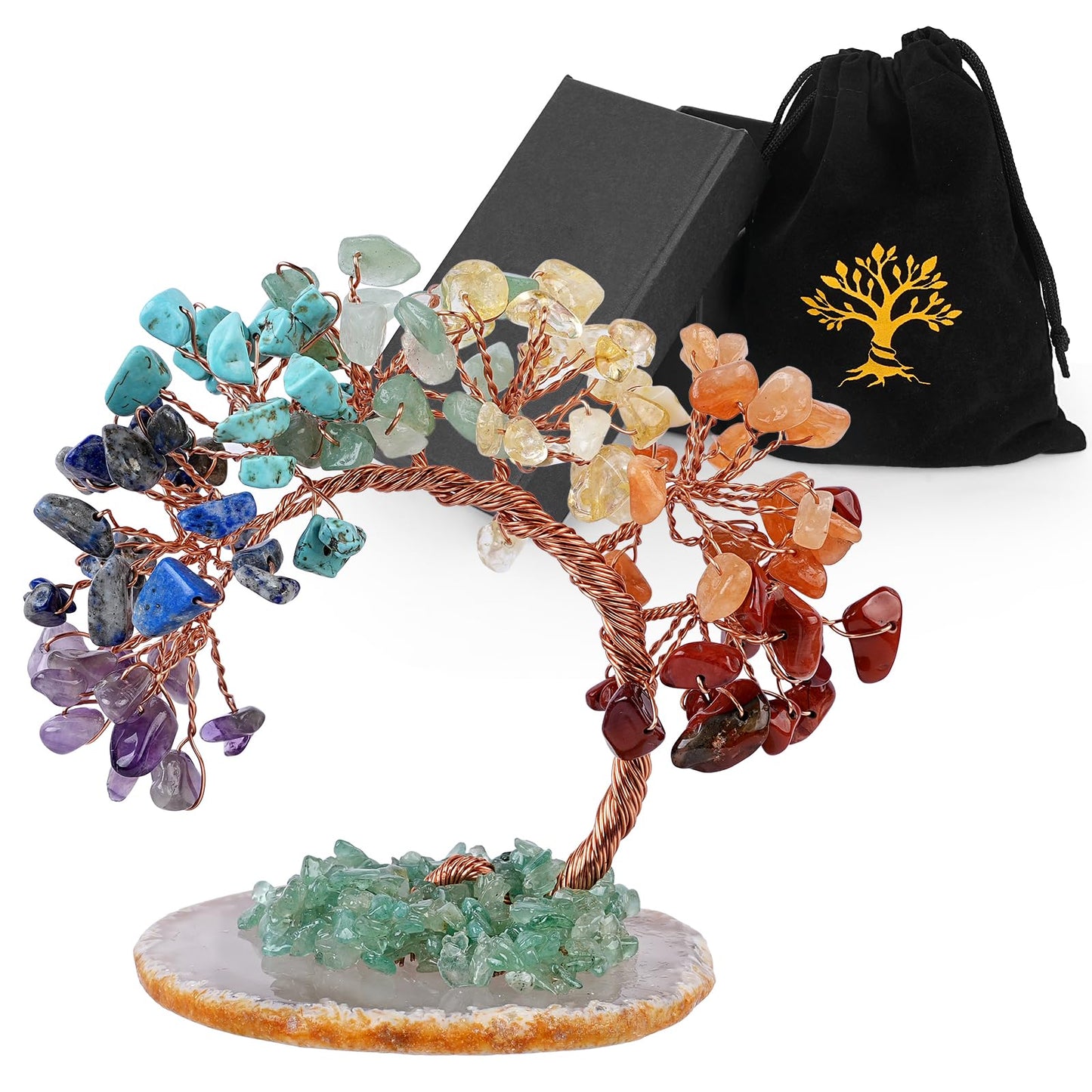 7 Chakra Crystal Money Tree with Agate Base, Fengshui Wealth Bonsai Figurine, Natural Crystal Chip Copper Wire Tree Ornament for Home Office Wedding Decoration (3-4 Inch)