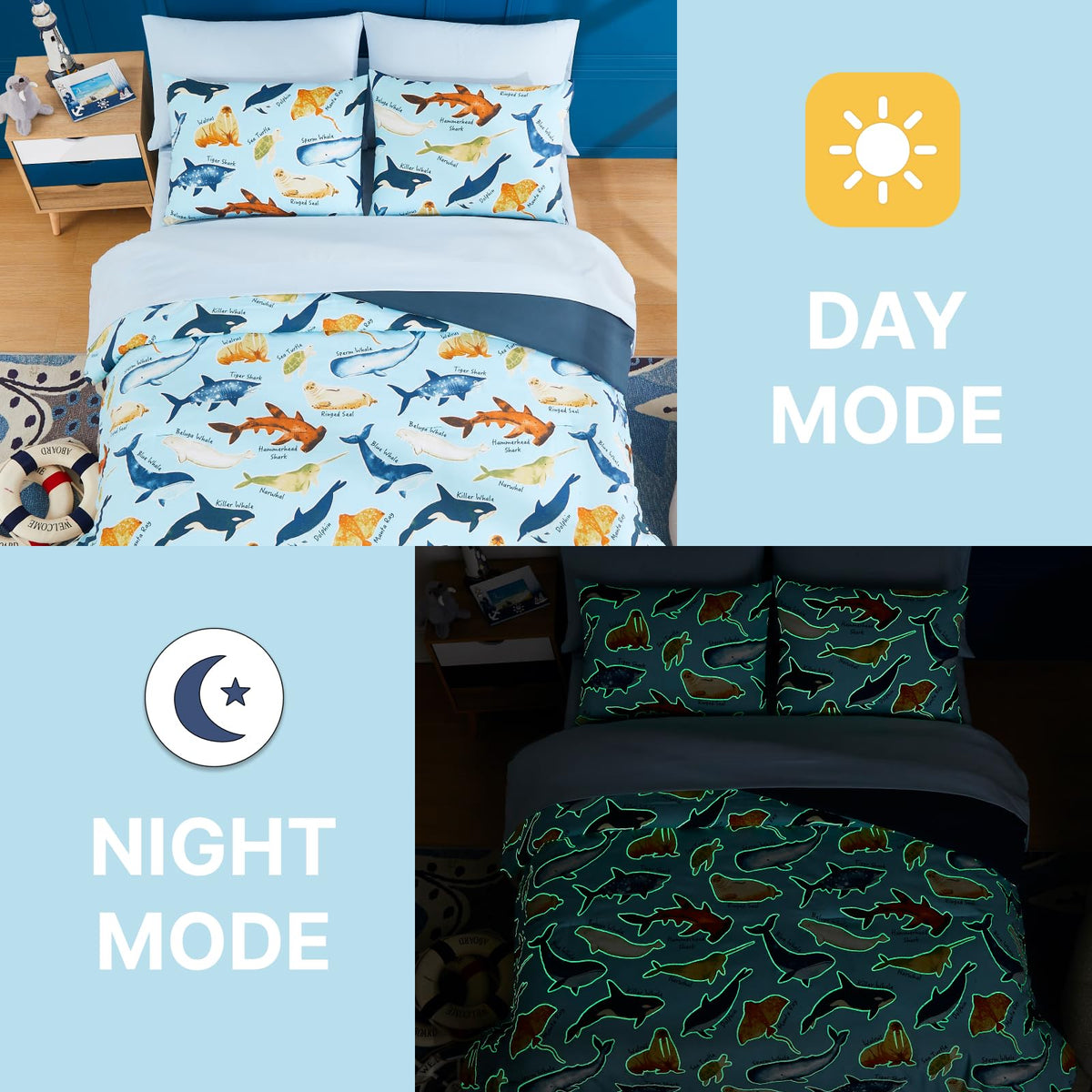 Wink Deer Full Size Comforter Set for Boys-7 Pieces Ocean Animals Glow in the Dark Full Bedding Sets for Kids, Ultra Soft Bed in A Bag with Sheets