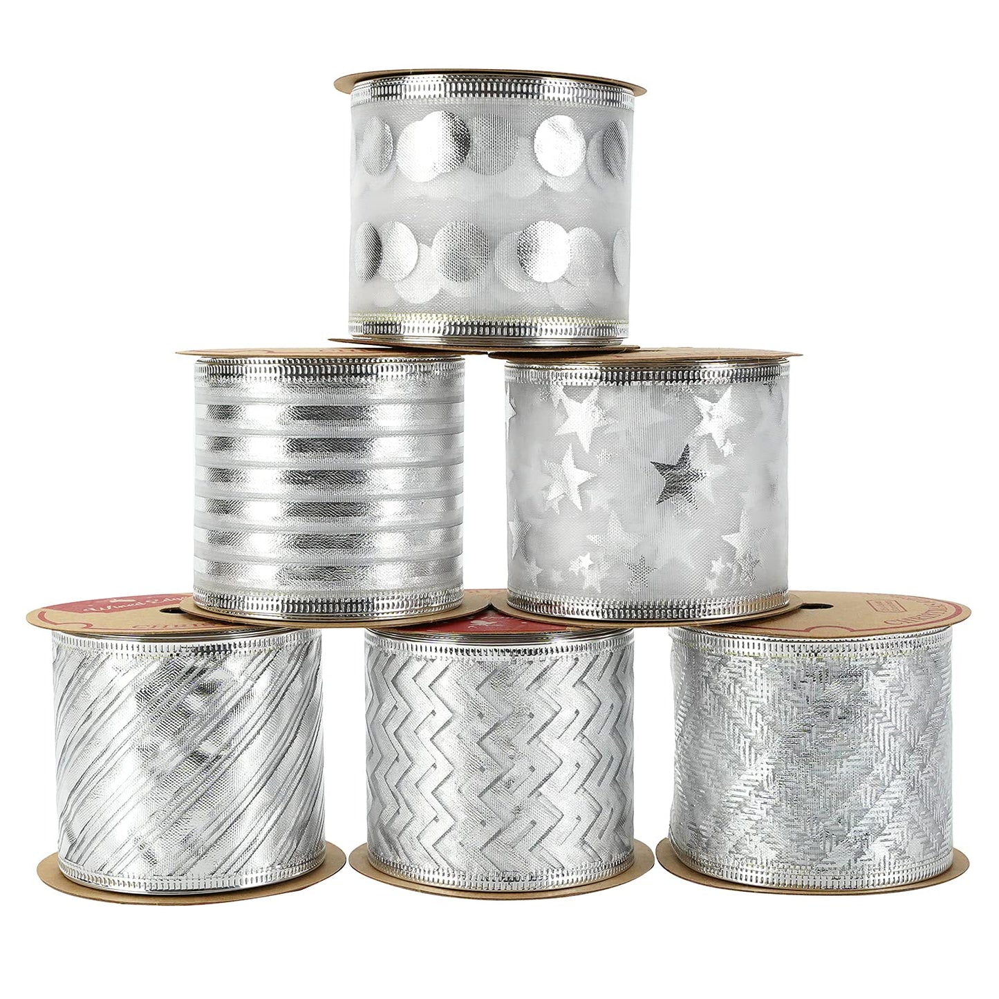 MEEDEE Silver Wired Ribbon for Christmas Tree Decoration - 2.5 Inch, 6 Rolls, 36 Yards - Garland Set for Topper and Bow Making