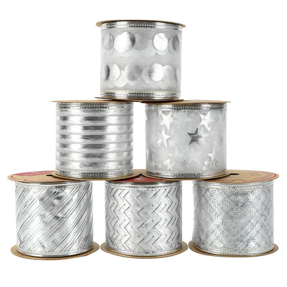 MEEDEE Silver Wired Ribbon for Christmas Tree Decoration - 2.5 Inch, 6 Rolls, 36 Yards - Garland Set for Topper and Bow Making