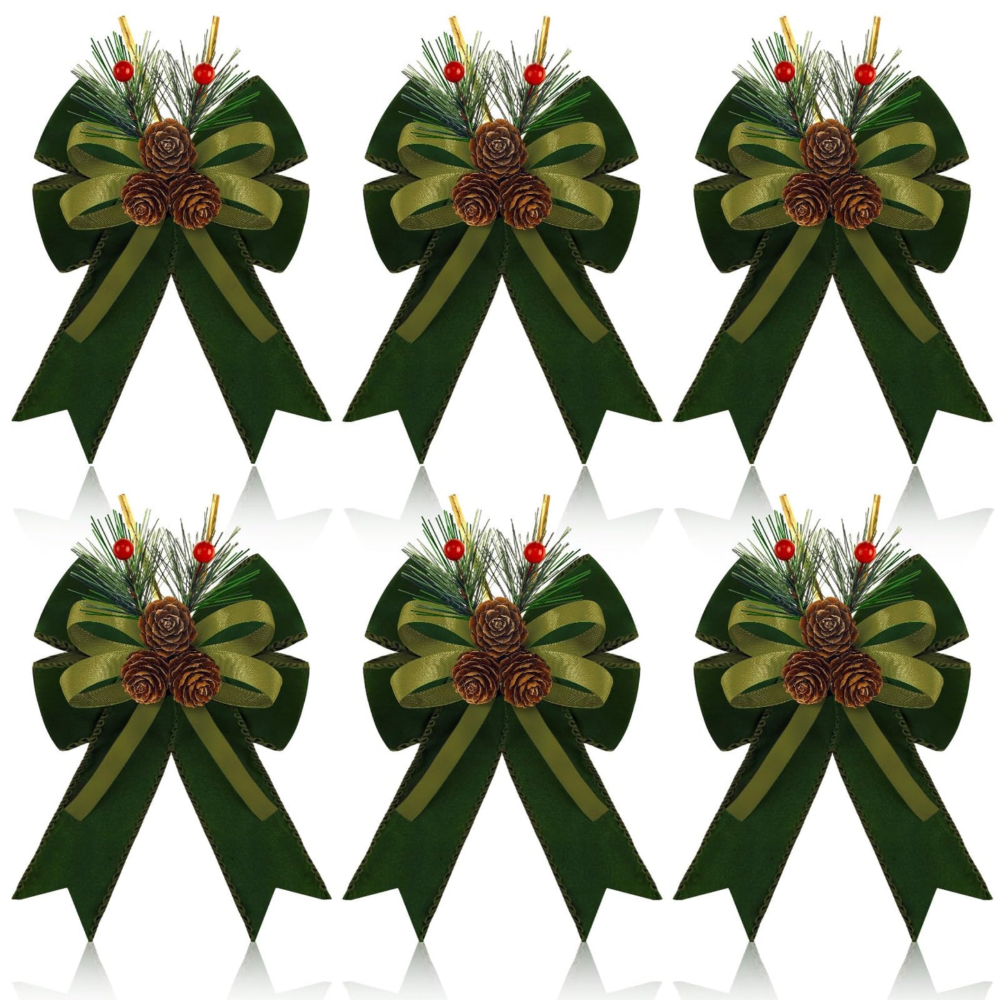 Syhood 6 Pcs Christmas Bows with Pine Cones Pine Needles Xmas Velvet Bows Sage Green Ribbon Christmas Tree Wreath Decoration for Xmas Parties Indoor Outdoor Crafts DIY Decor