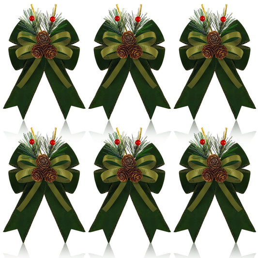 Syhood 6 Pcs Christmas Bows with Pine Cones Pine Needles Xmas Velvet Bows Sage Green Ribbon Christmas Tree Wreath Decoration for Xmas Parties Indoor Outdoor Crafts DIY Decor