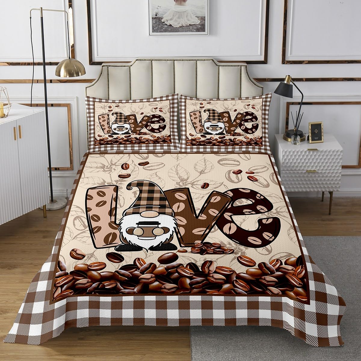 Coffee Bedspread Queen Size Geometric Brown White Grid Bedding Set Cartoon Gnome Print Comforter Set 3pcs for Kids Girls Boys Adults Room Decor Quilt Set, 2 Pillowcases
