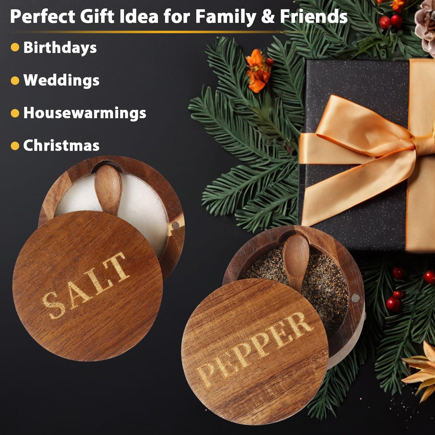 Timtopno Bamboo Salt Cellar & Acacia Wood Salt and Pepper Container Set with Built-in Spoon and Swivel Lid – Elegant Dual Salt Box Collection for Countertop Storage