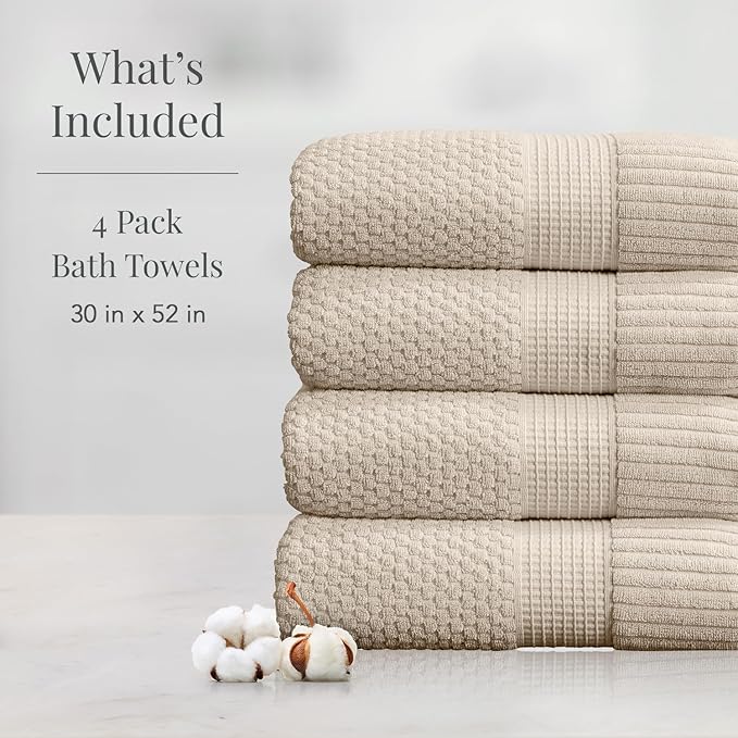 NY Loft 100% Cotton Bath Towel 4 Pack | Super Soft & Absorbent Quick-Dry Bath