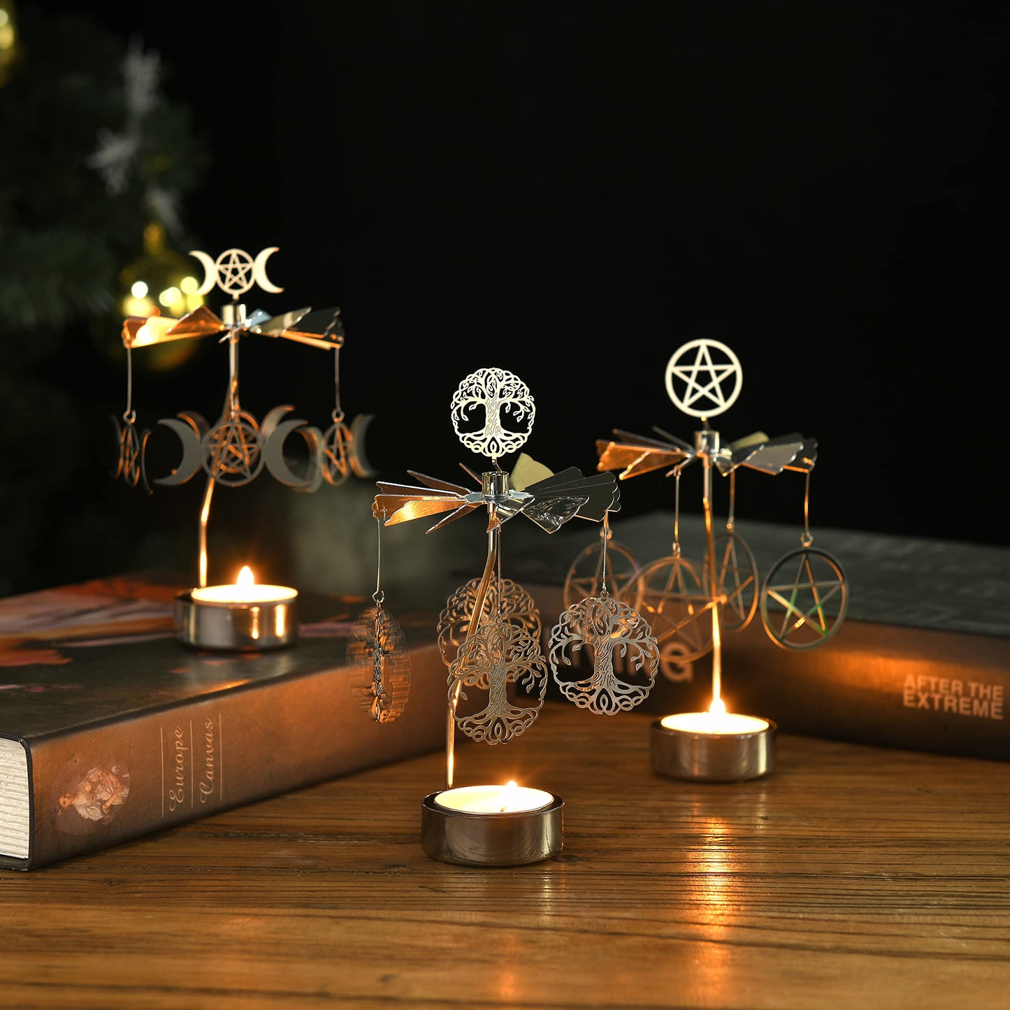 Spinning Tea Light Candle Holder, Silver Triple Moon Carousel Tealight Display, Metal Rotating Witch Decor for Altar Tables, Valentine's Day, Party Decor, Gifts