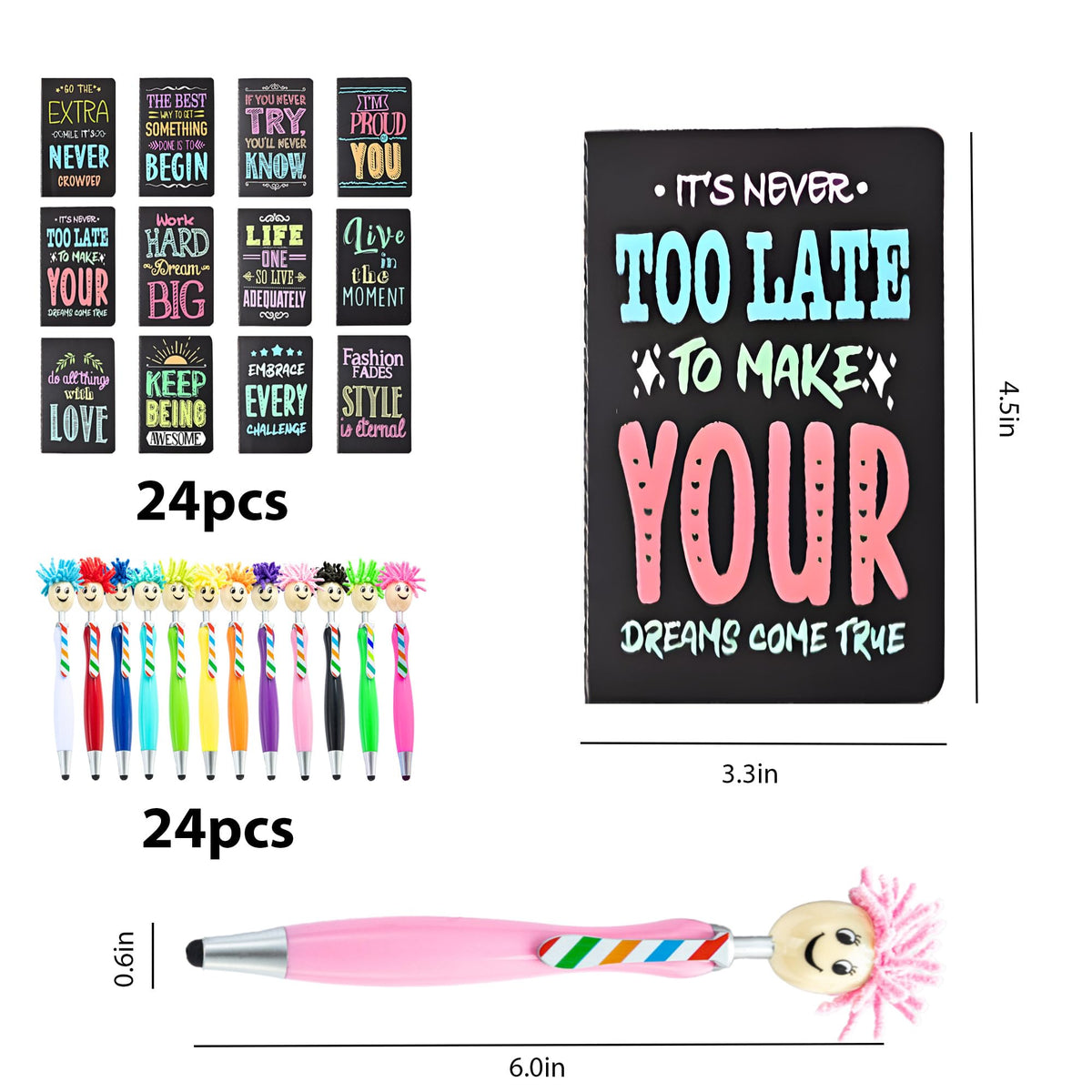 48Pcs Inspirational Gifts Bulk,Ballpoint Pens Motivational Notepads Gifts Set,24Pcs Mini Journal Lined with stylus pens,24Pcs Pocket Notebooks Bulk Gifts Set for Valentines Day Gifts Teachers School Office Party Favor Supplies