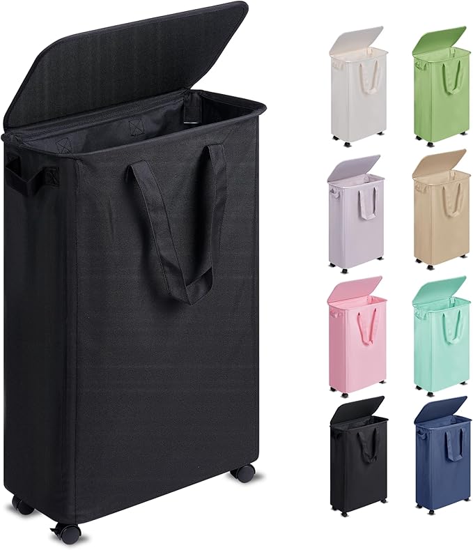 Slim Laundry Hamper with Lid and Wheels, Small Rolling Laundry Basket with