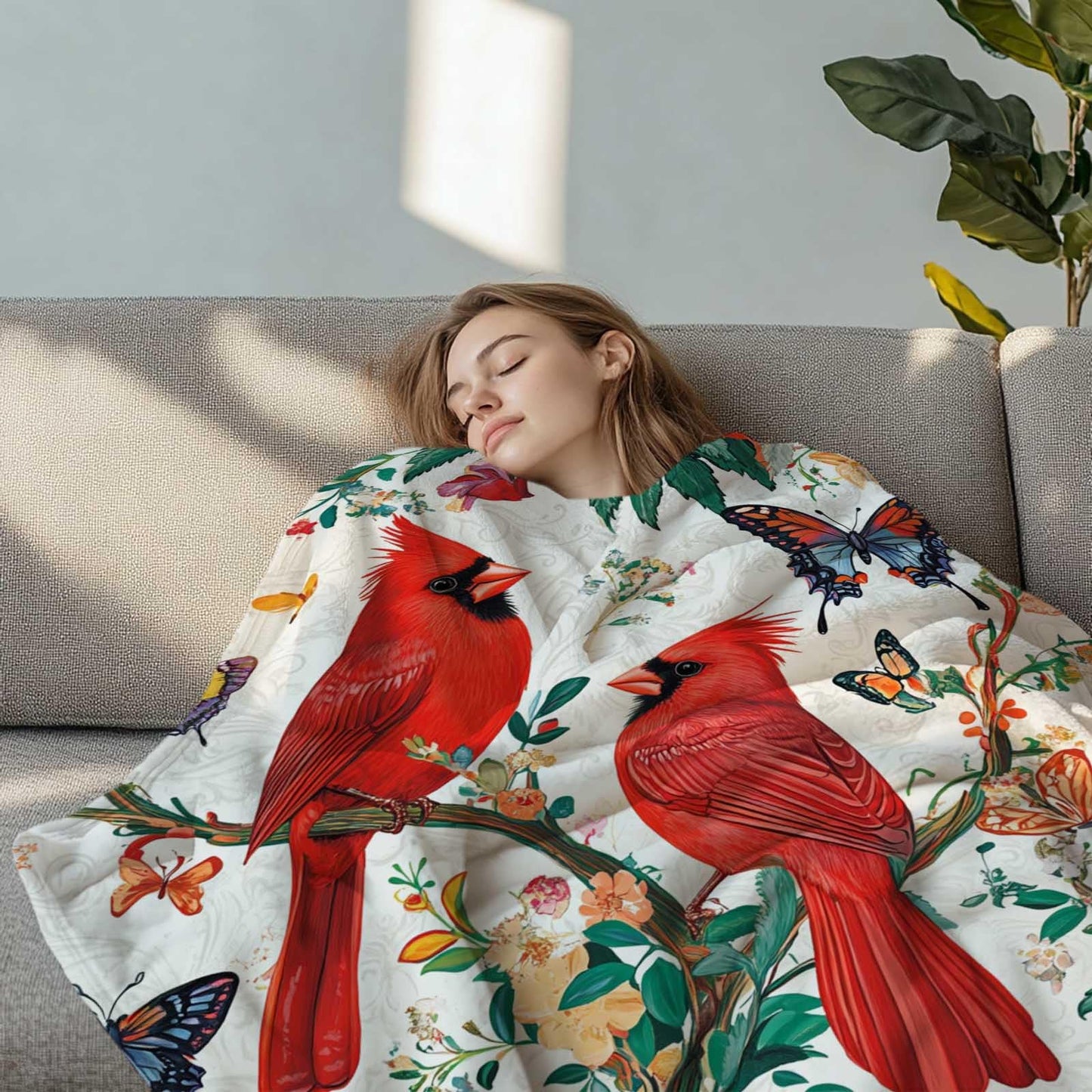 ZwenPdoe Cardinal Throw Blanket 40x50 Inches | Red Bird Floral Butterfly Fleece Blanket for Couch Sofa Bed | Botanical Farmhouse Decorative Throw Cozy Gift for Women Mom