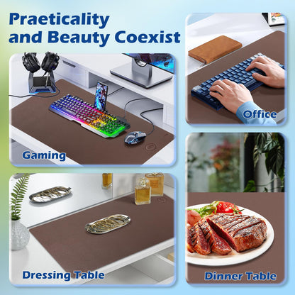 Wireless Charging Desk Mat with Desk Pad for Desktop Charging Large Mouse Pad Waterproof Leather Computer Mat Mouse Pad Non-Slip Protector on Top of Desks for Keyboard and Mouse (brown-r, 32*16inch)