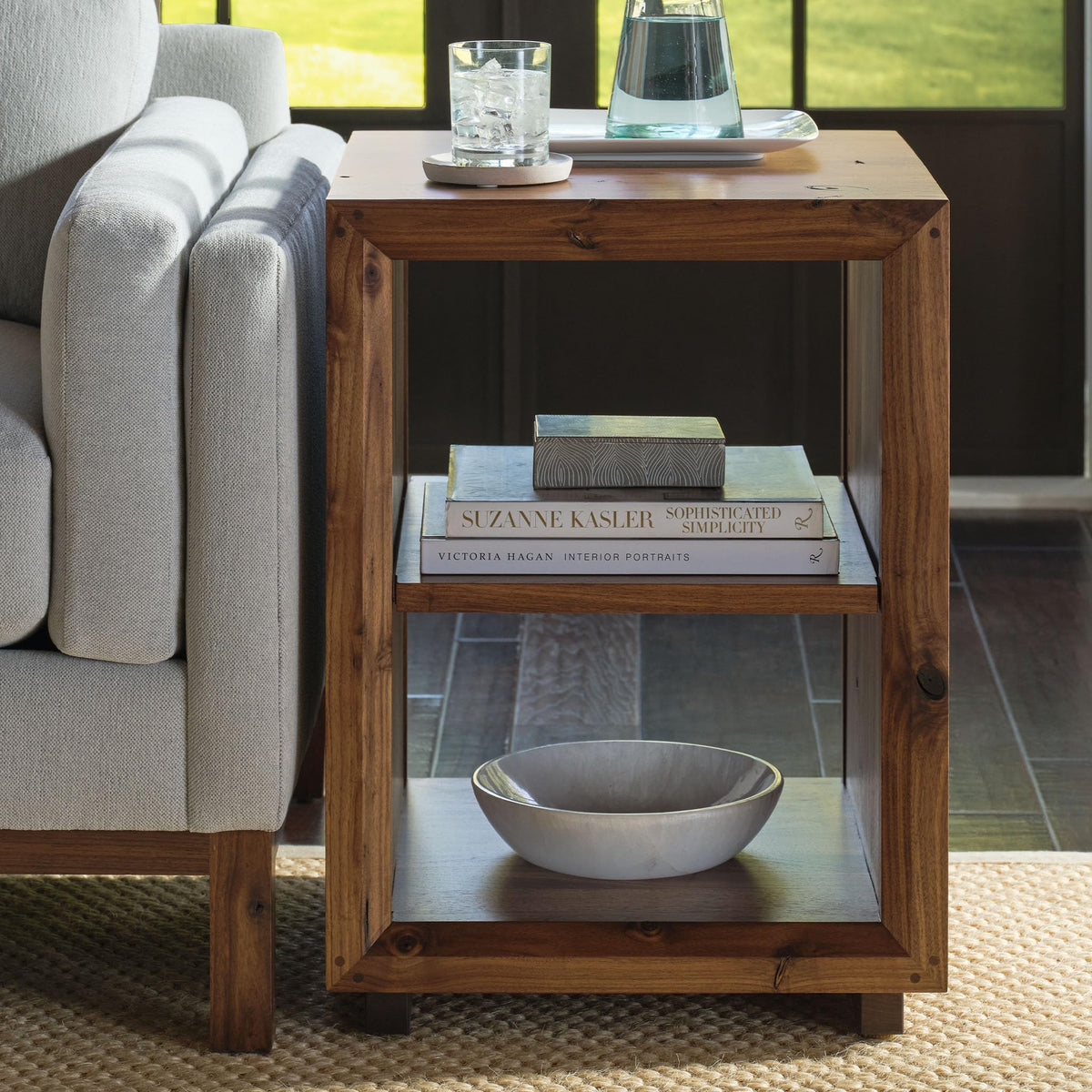 Stickley Saranac Side Table, End Table, Solid Rustic Walnut, Sustainable Construction, Open Back, Adjustable Shelf, Sled Base, 19in W x 18in D x 26in H, Made in USA