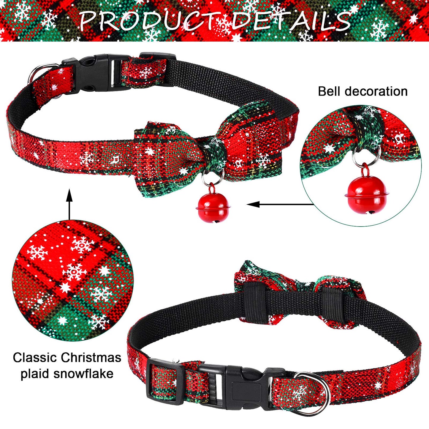 4 Pieces Christmas Dog Bandanas and Collars Set Xmas Christmas Classic Plaid Dog Neck Tie Triangle Bib Scarf Kerchief Adjustable PET Bow Tie with Safety Bell Costume for Cat(L,Stylish Style)