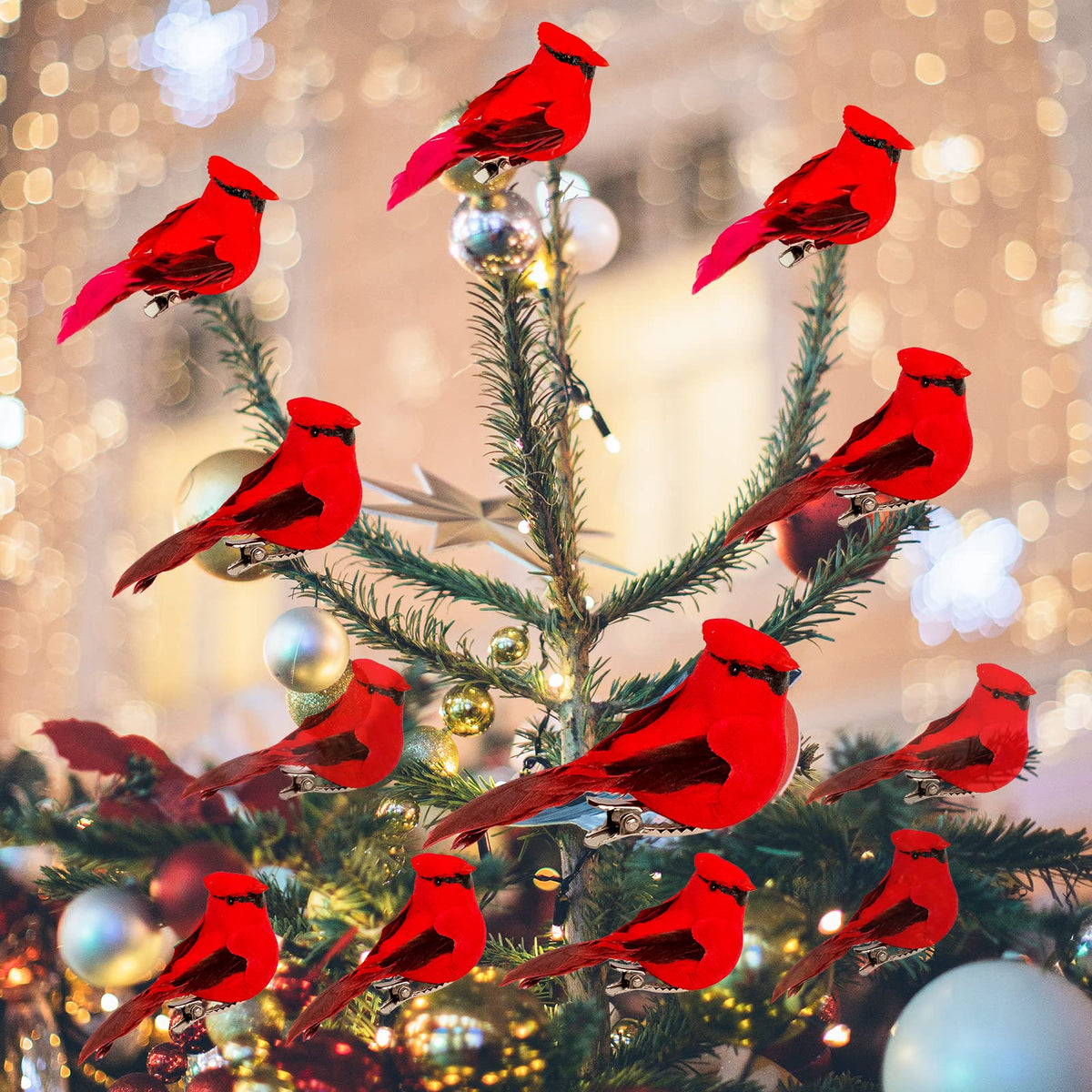Berfutall-Cardinal Clip On Christmas Tree Ornament Decorations - Red Feathers Set of 12 Pieces Each is 2.8" Lon(A)