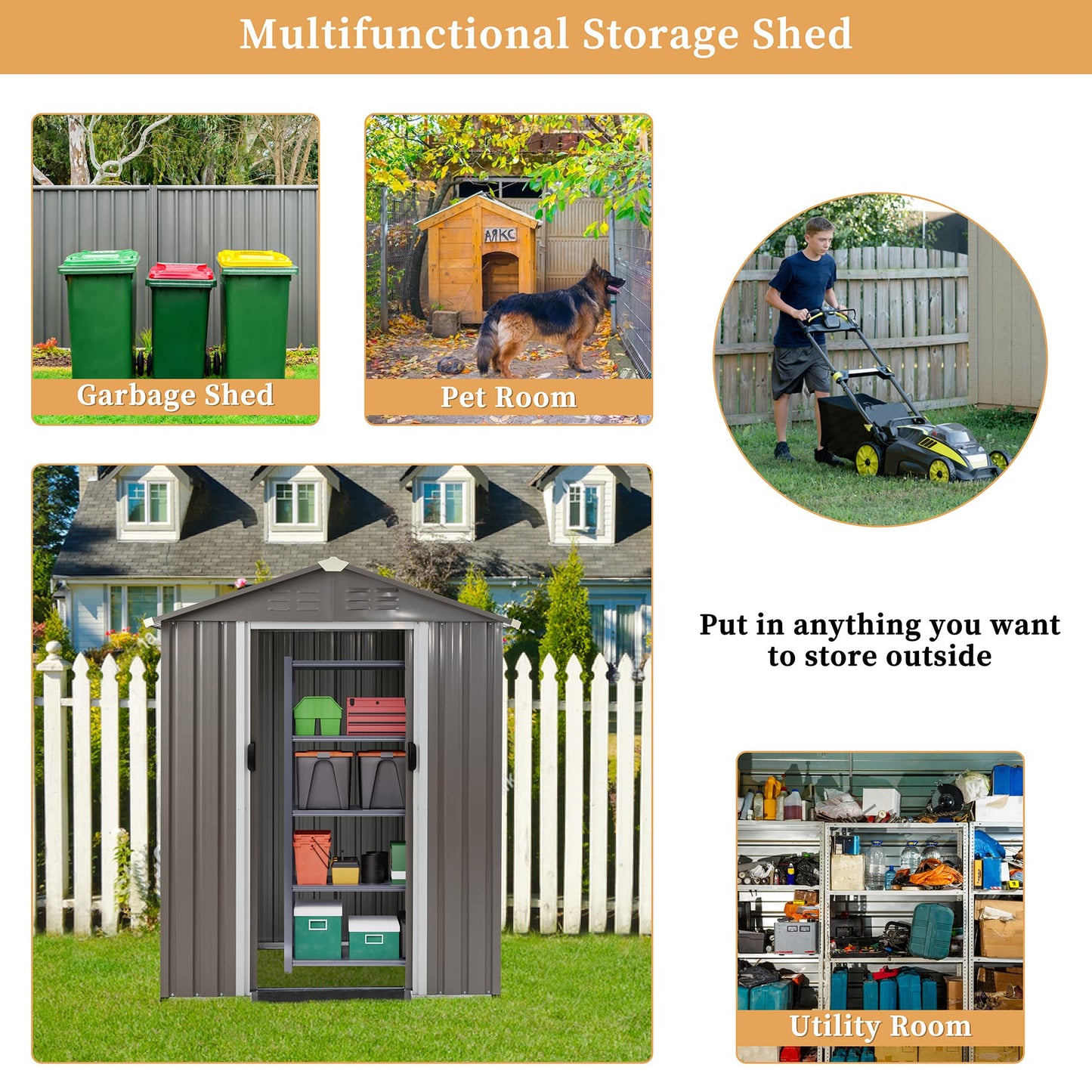 Vongrasig 5 x 3 x 6 FT Outdoor Storage Shed, Metal Tool Shed Clearance Garden Steel Shed with Side Window and Lockable Door Waterproof Tool Shed for Backyard Patio, Lawn (Gray)