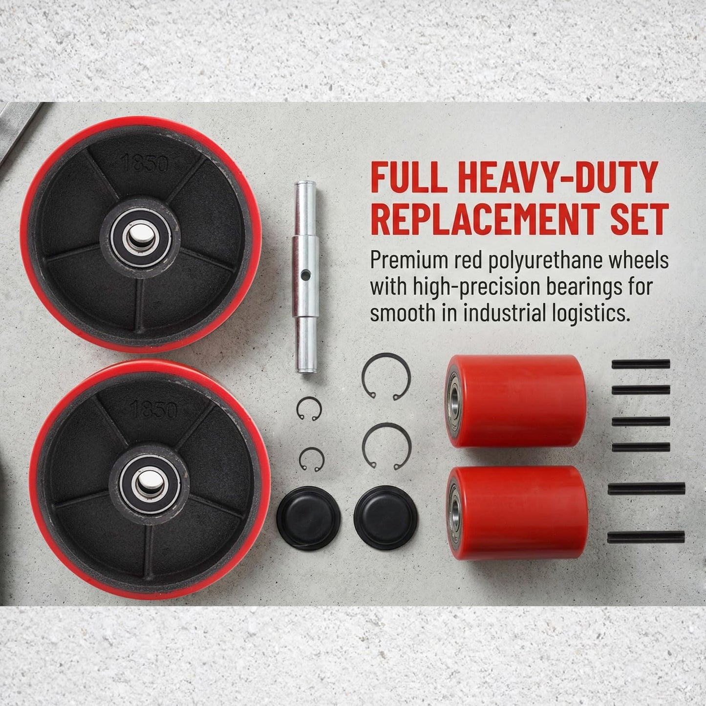 Pallet Jack Wheels Replacement Kit - Complete Set with 7" x 2" Steer & 3" x 3.75" Load Rollers - Heavy Duty Polyurethane Non-Marring Tires with Bearings & Axles for Standard Hand Trucks