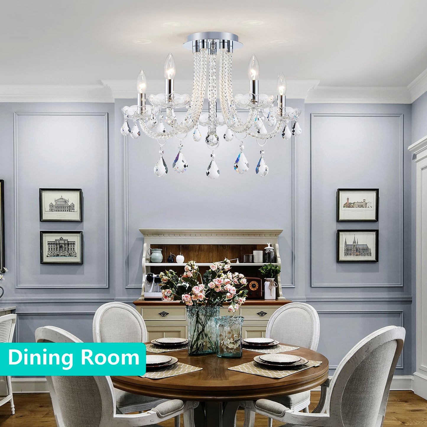 GlowEasely French K9 Crystal Maria Theresa Candle Chandelier, Luxury Vintage Pendant Light Fixture for Dining Room, Living Room, 5 Lights, D22.4*H15.7 inch, Clear Crystal & Chrome Finish Frame