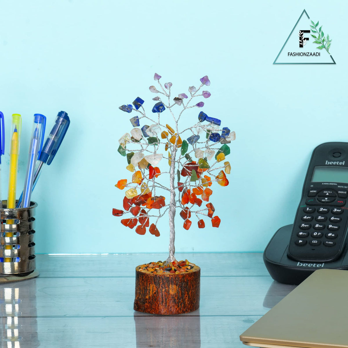 FASHIONZAADI Seven Chakra Natural Stone Feng Shui Bonsai Money Tree for Chakras Balancing Good Luck Crystals Healing Table Décor Health Prosperity Size 7-8 inch (Silver Wire)