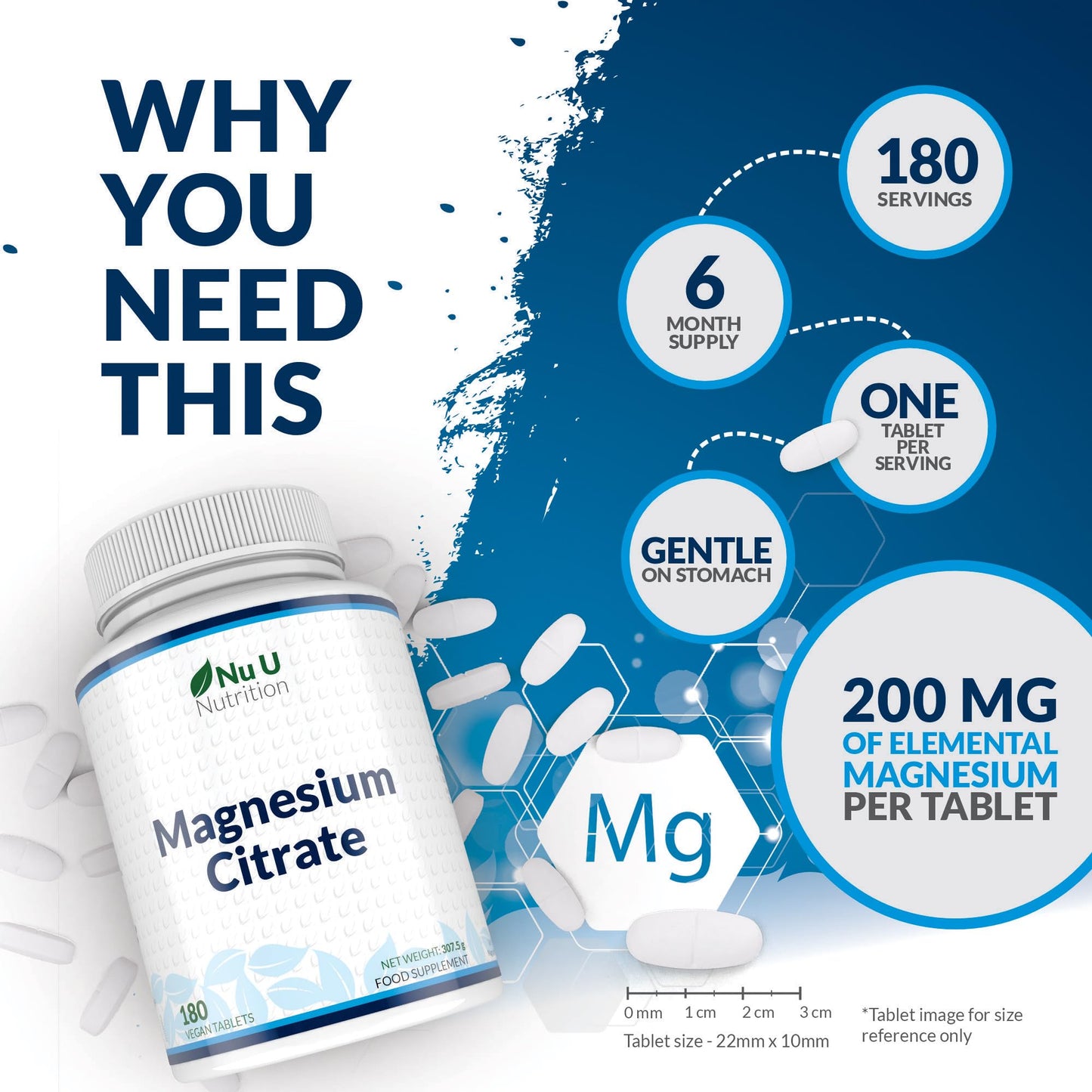 Magnesium Citrate 700mg - 180 Vegan Tablets - 6 Month Supply - 200mg of Elemental Magnesium Tablets - Made in The UK - Nu U Nutrition