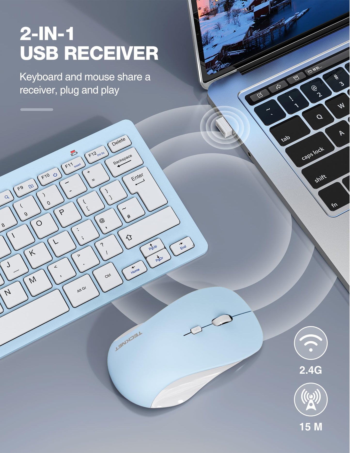 TECKNET Mini Wireless Keyboard and Mouse Set, 2.4G Cordless USB Keyboard and Silent Mouse Comb with Nano USB Receiver, 12 Multimedia Shortcuts for Computer, PC, Laptop, Desktop, Blue