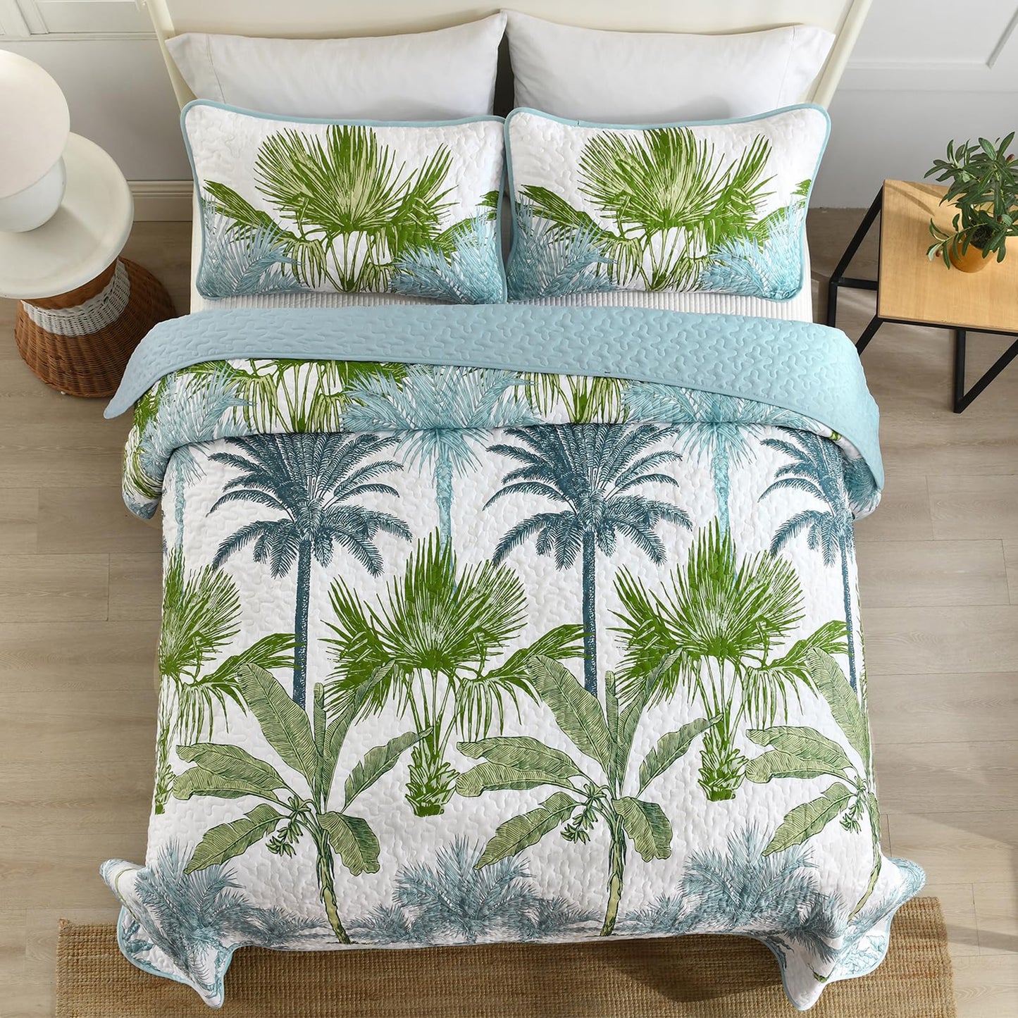 Luxudecor Tropical Plants Quilt Set Queen Size 3 Pieces Green and Blue Palm Botanical Bedspread Rainforest Style Bedding Set Soft Lightweight Bed Cover All Season 96"x90"