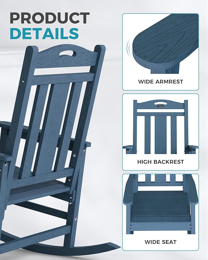Ciokea Oversized Outdoor Rocking Chair, 380lbs Heavy-Duty Large Patio Rocker, Weather Resistant & Anti-Fade Porch Chair, High Back Cozy Rocking Chair for Outside, Fire Pit, Deck, Garden, Slate Blue