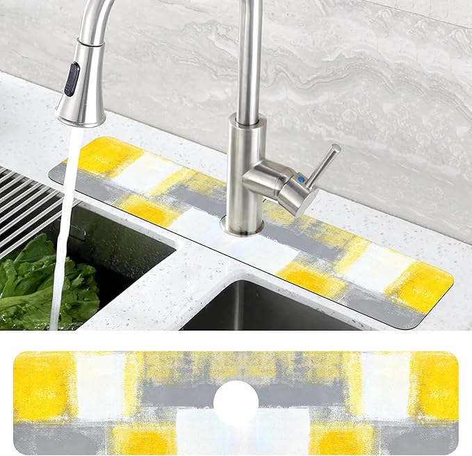 Grey and Yellow Abstract Kitchen Sink Splash Guard Mat Absorbent Fast Drying