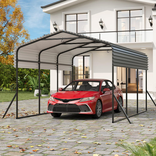 Outdoor Metal Carport, 10x15FT Heavy Duty Carport Canopy with Electro-Galvanized Steel Top & Triple-Braced Foundation, Garage Shelter Shade for Trucks, Boats, Cars