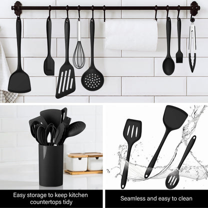 HaWare 11 PCS Silicone Cooking Utensils Set, Heat Resistant Kitchen Utensils with Holder, Food-grade Spatula Sets for Nonstick Cookware, Kitchen Tools Gadgets Include Fish Turner, Spoon (Black)