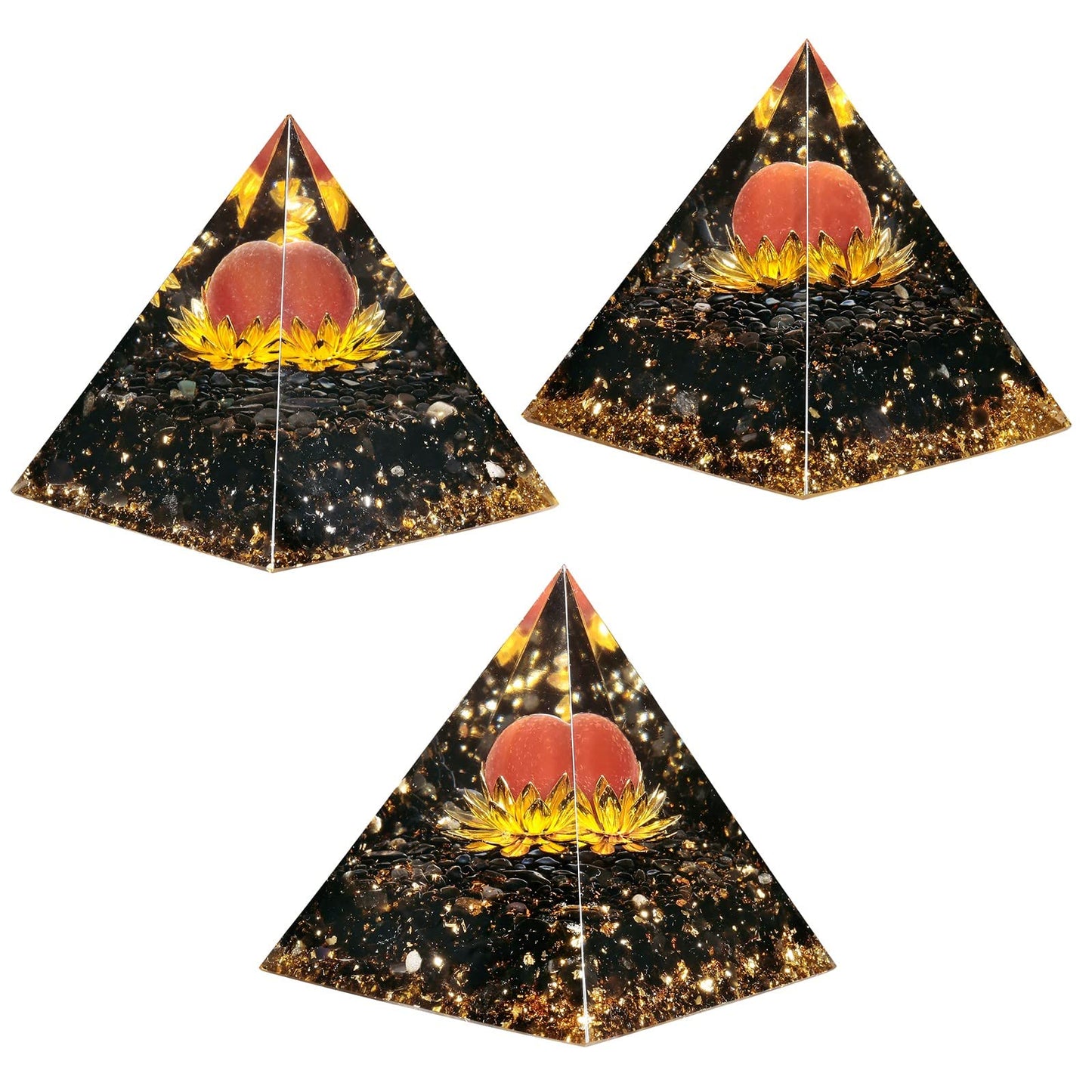 SUNYIK Crystal Sphere Orgone Pyramid with Black Obsidian Tumbled Stones and Golded Lotus Base Energy Generator for Meditation Office Home Decoration, Carnelian Stone