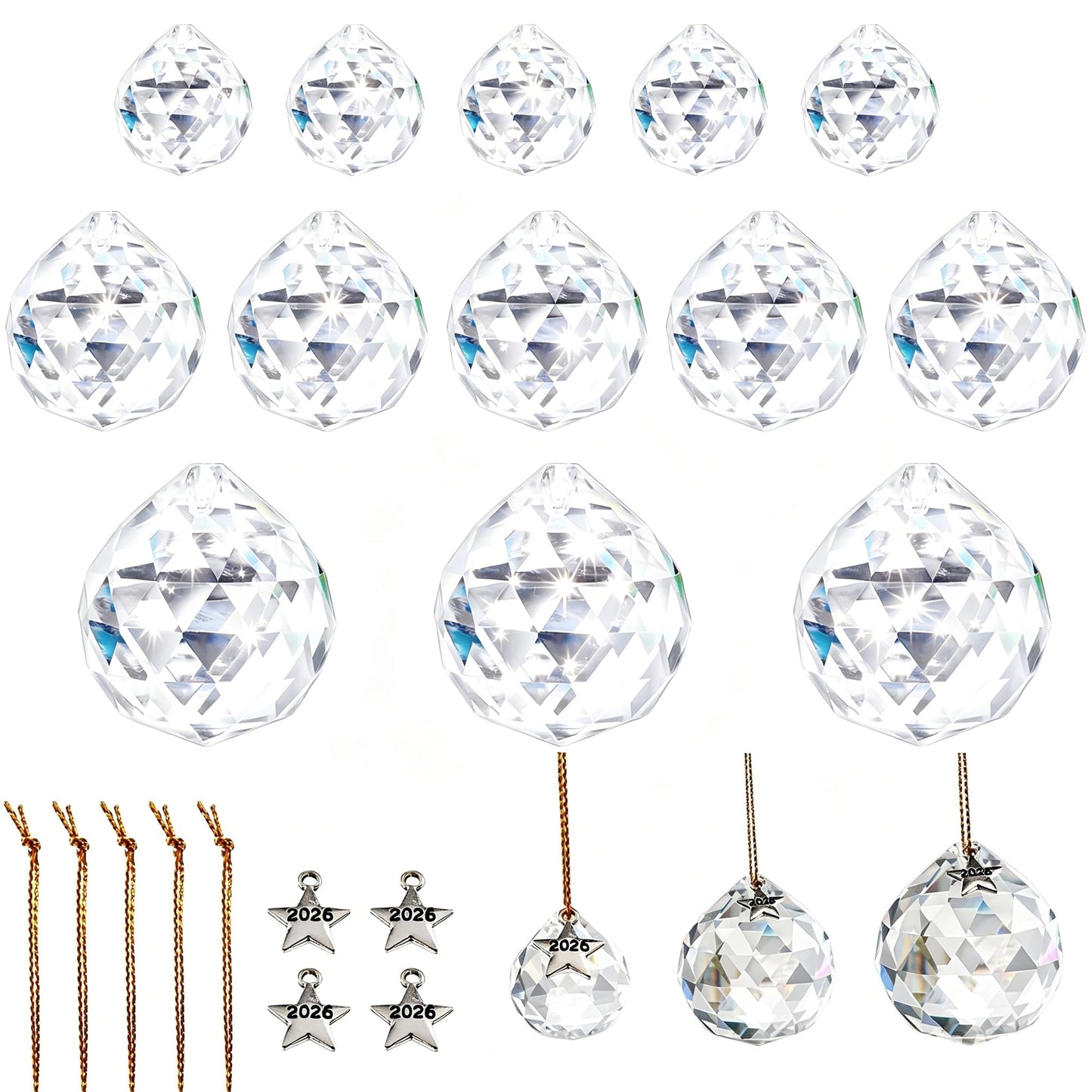 LOULIQIGIFT 13pcs Clear Crystal Ball Hanging Ornaments for Window Chandelier Parts 2026 Hanging Prisms for Birthday Wedding Mother's Day Decorations (20mm/30mm/40mm)